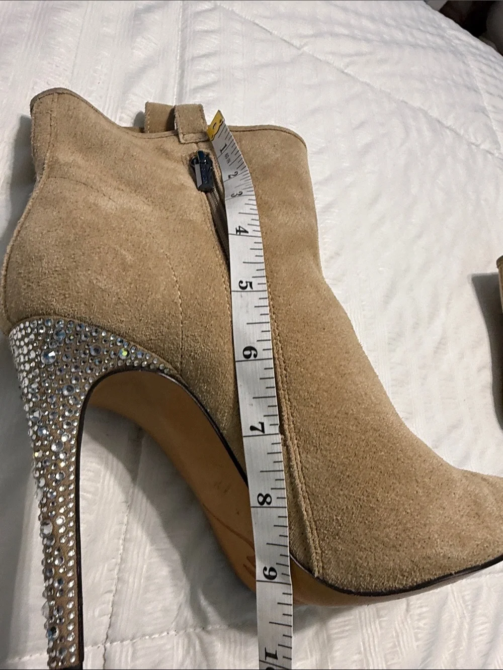 Karl Lagerfeld Taupe Suede Pointed-Toe Ankle Booties with Rhinestone Heel Size 7